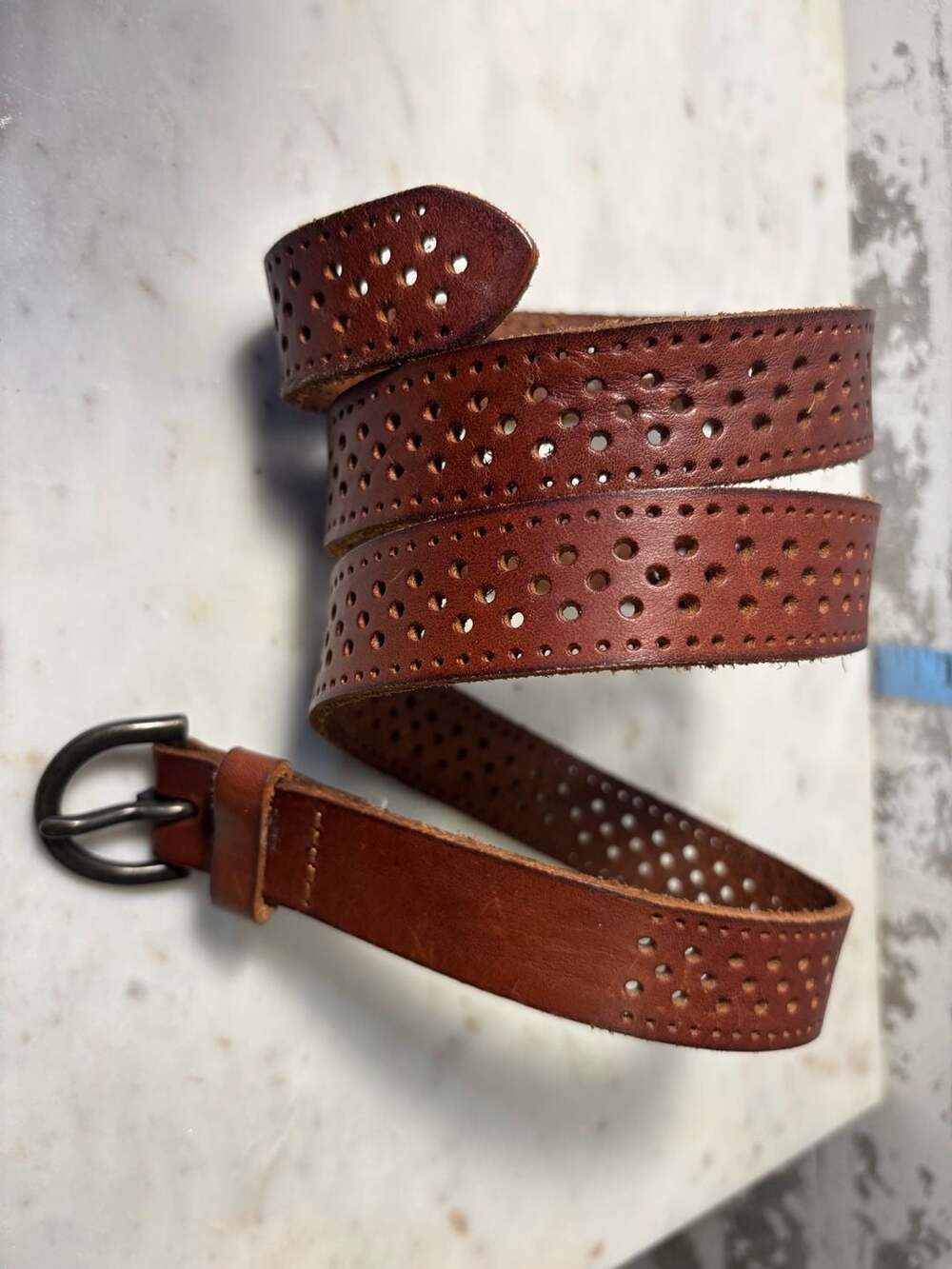 Brown Leather Perforated Hollow Out Single Pin Buckle Adjustable Belt
